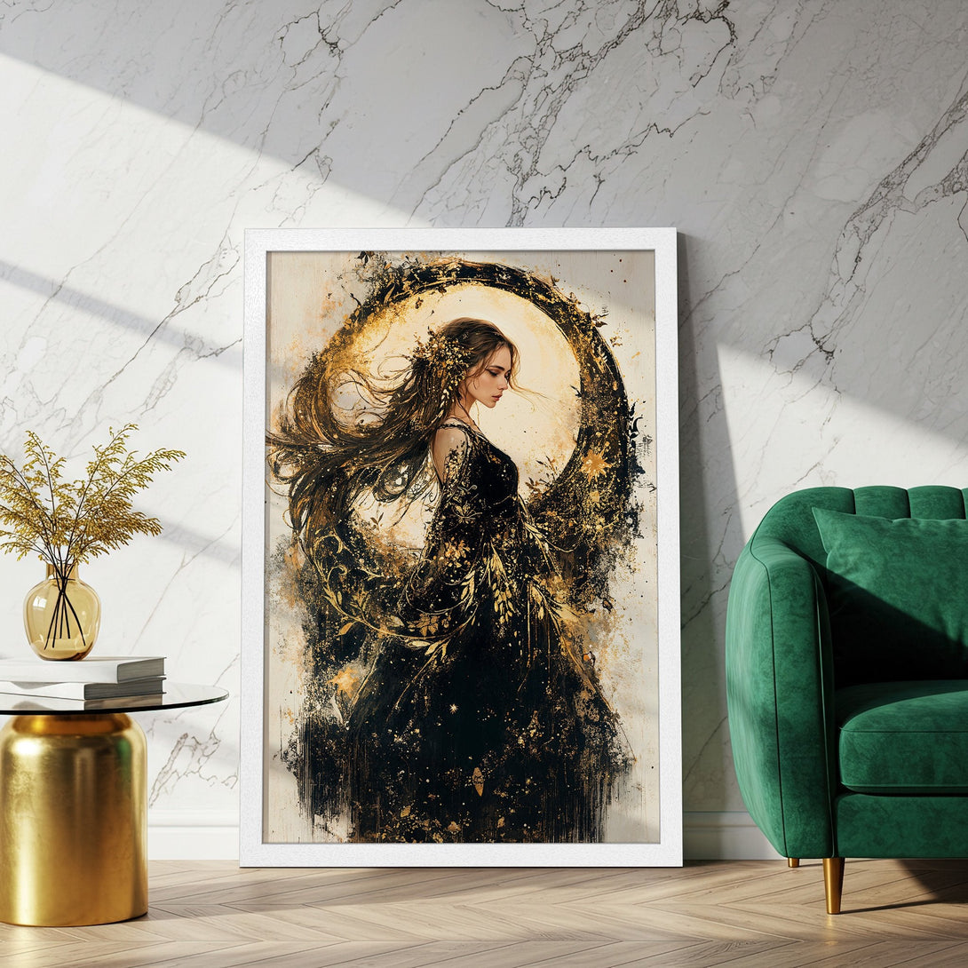 Framed Poster featuring a woman in a black and gold abstract style. Elegant art print with a neutral, luxurious color palette.