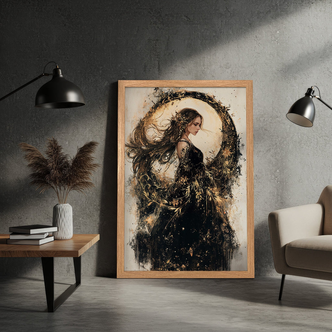 Framed Poster featuring a woman in a black dress, gold accents, and a neutral color palette. Perfect wall art for any space!