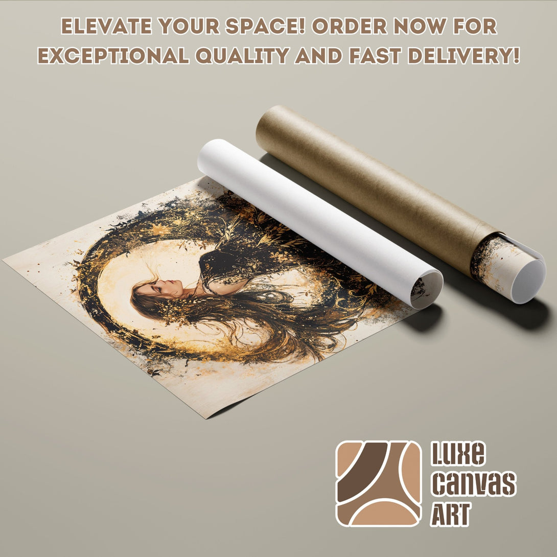Poster Roll featuring an abstract woman art print. Warm beige, gold, and black color palette. Elevate your space with Luxe Canvas Art.