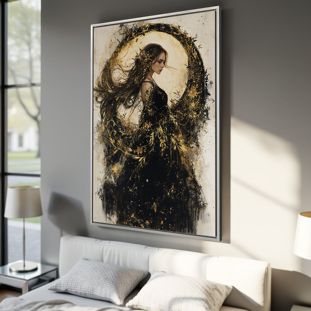 Framed Wall Art: Elegant woman portrait in black and gold. Abstract style, neutral tones, perfect for bedroom decor. Canvas print for sale.