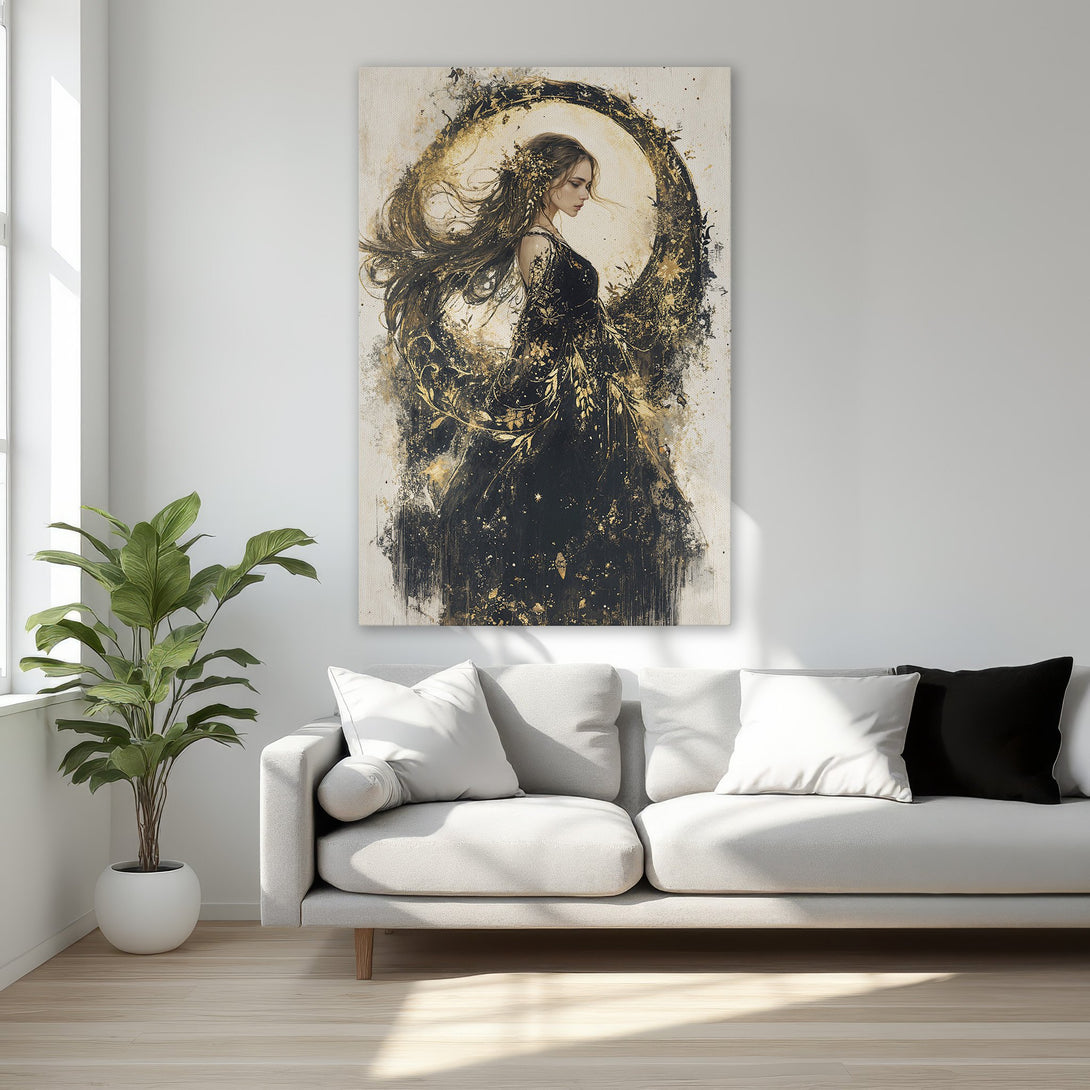 Framed Wall Art: Elegant woman portrait in black and gold. Stunning canvas print with a neutral, luxurious color palette, perfect for bedroom decor.