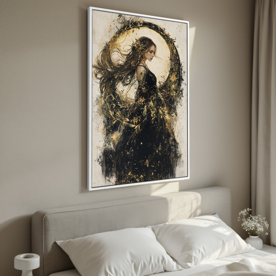 Framed Wall Art: Elegant woman in black dress with gold accents. Modern art canvas print with neutral and gold color palette, perfect for bedroom decor.