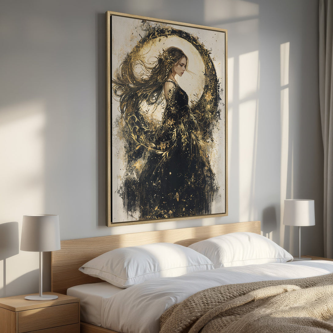 Framed Wall Art: Elegant woman in black dress with gold accents. Abstract style, neutral palette. Perfect bedroom decor. Shop canvas art today!