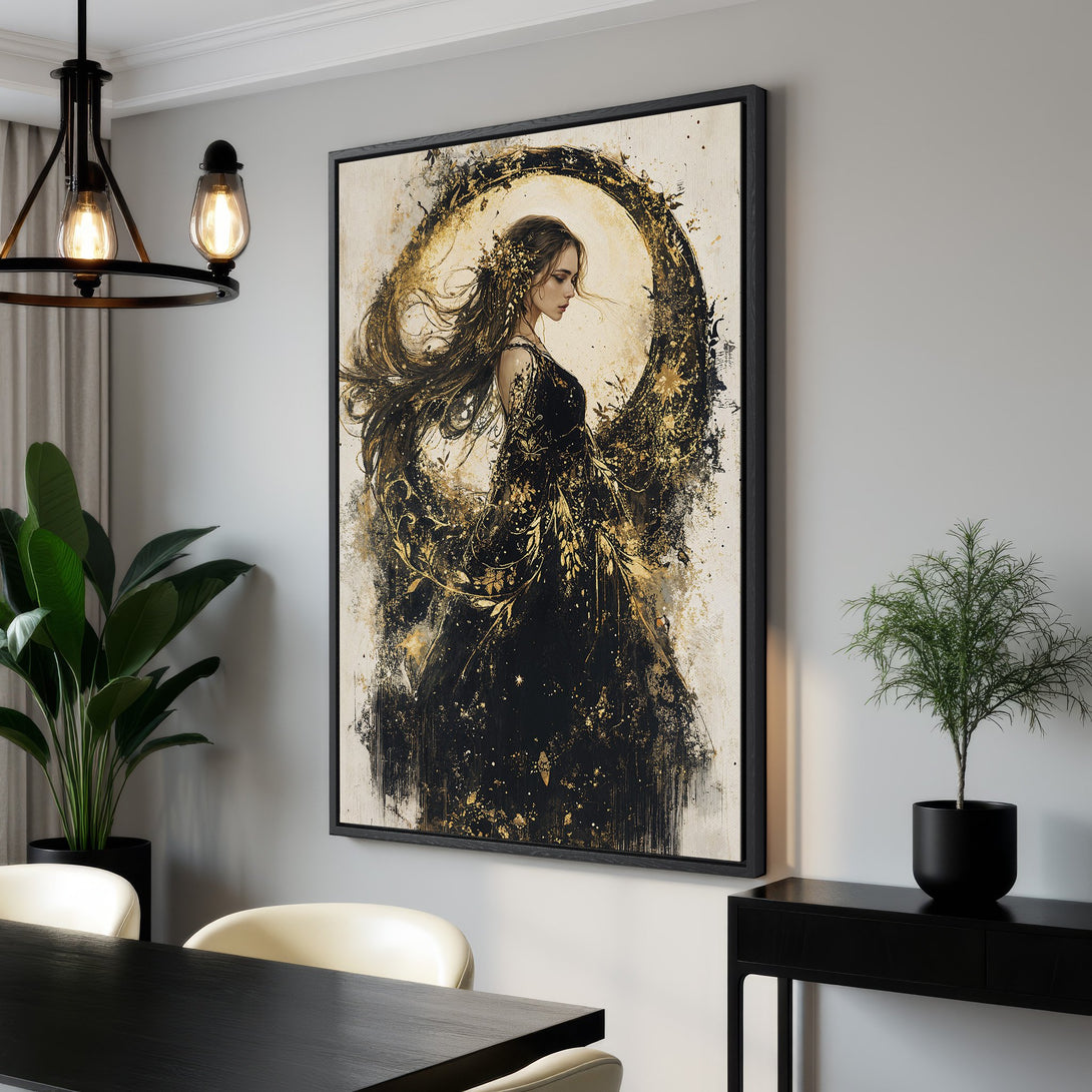 Framed Wall Art: Elegant woman portrait in black & gold abstract style. Stunning Canvas Print with neutral color palette, perfect for modern home decor.