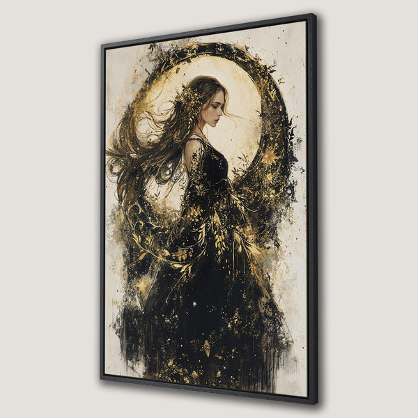 Framed Wall Art: Elegant woman in black dress with gold accents. Abstract art style with a neutral and gold color palette. Perfect for home decor.
