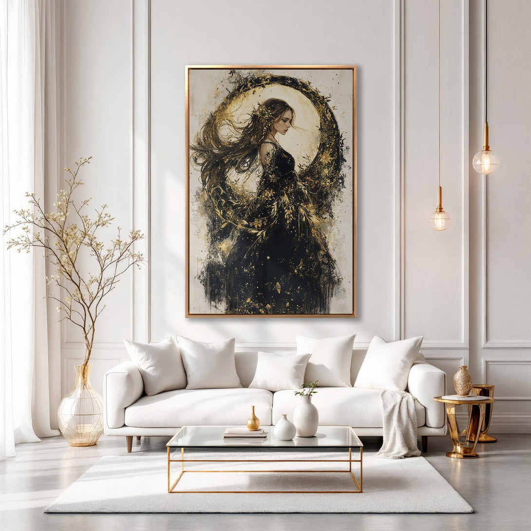 Framed Wall Art: Elegant woman in black and gold abstract painting. Modern art canvas print with a neutral, sophisticated color palette.