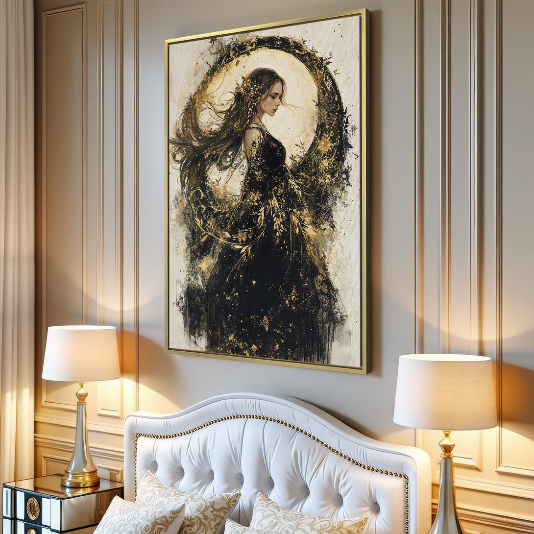 Canvas Print: Elegant woman in black dress with gold accents. Abstract art in a neutral, black, and gold color palette. Perfect wall art for your home.