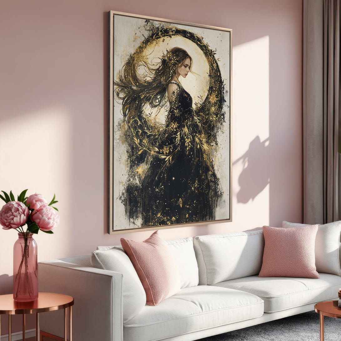Framed Wall Art: Elegant woman in black and gold abstract art. Perfect for a modern interior. Features a soft pink and neutral color palette.