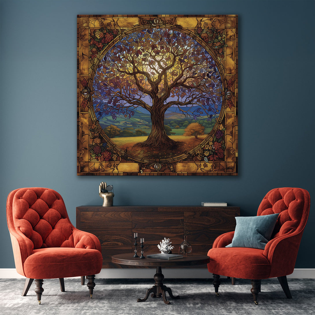 Framed Wall Art: Stained glass style tree print in warm tones. Adds a touch of nature and elegance to any interior. Perfect for living rooms and bedrooms.