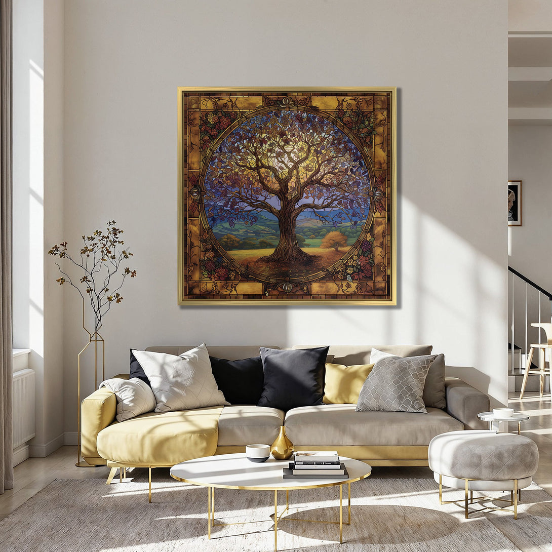 Framed Wall Art: Stained glass-style tree of life in warm tones. Adds a touch of elegance with a rich, earthy color palette to any living space.
