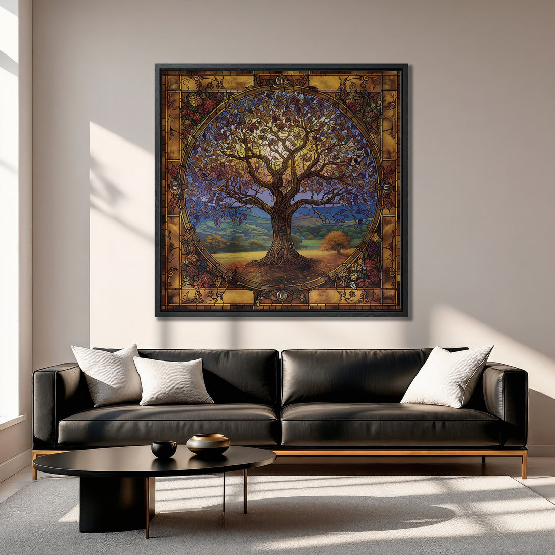 Framed Wall Art: Stained glass style tree art with warm earth tones and blue accents. Perfect for living room decor.
