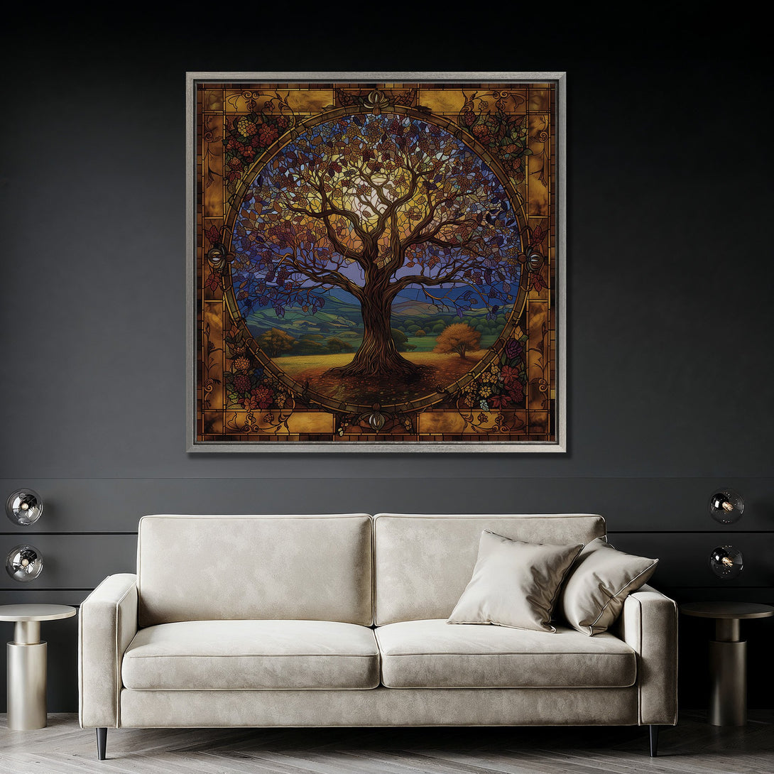 Framed Wall Art: Stained glass style tree art with warm, earthy tones. Perfect for living room decor. Adds a touch of nature and elegance to any space.