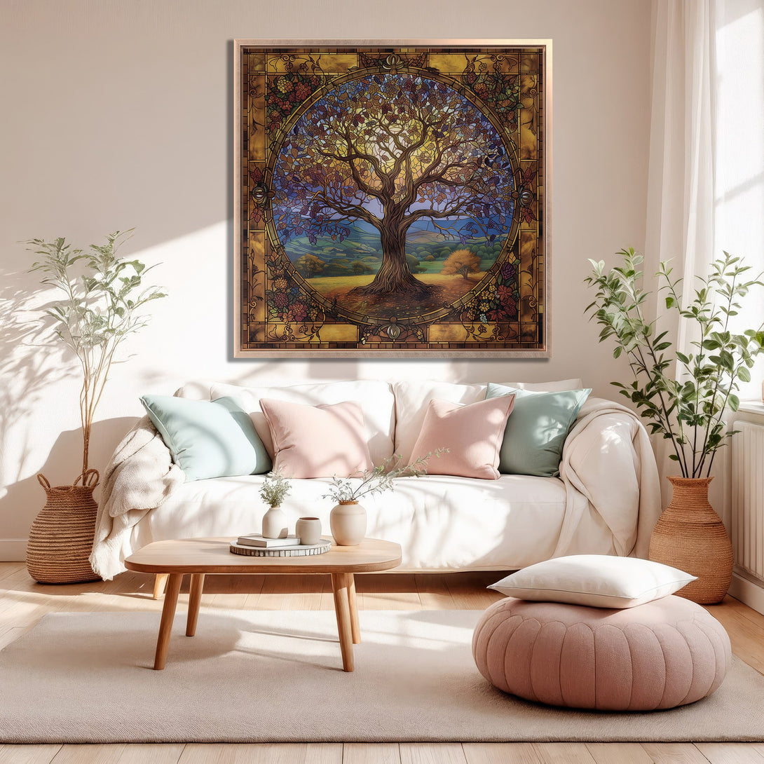 Framed Wall Art: Stained glass tree design in warm earth tones. Adds a touch of nature and elegance to any living room. Perfect for home decor!