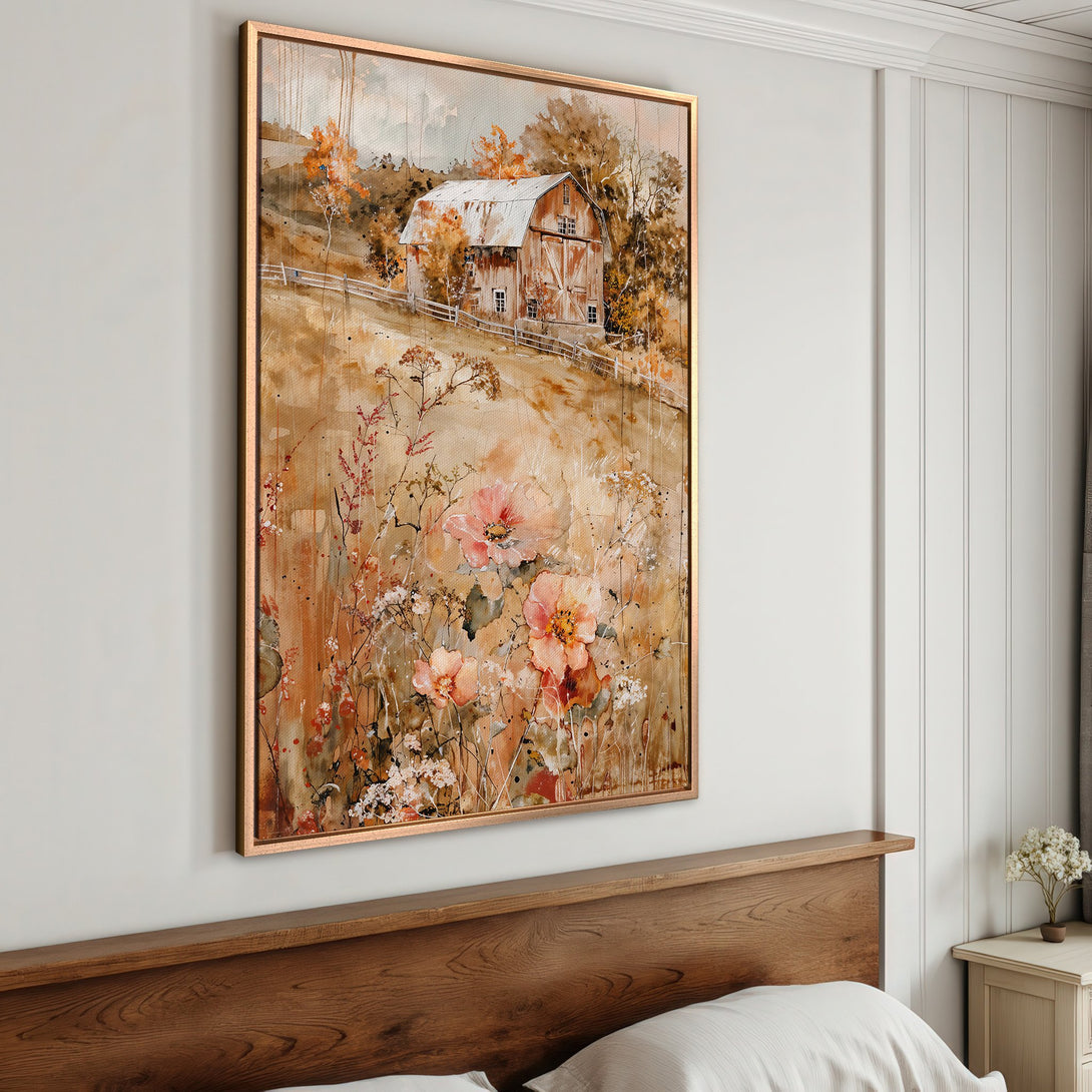 Framed Wall Art: Watercolor barn scene in warm earth tones. Rustic farmhouse style canvas print with a cozy, inviting aesthetic.