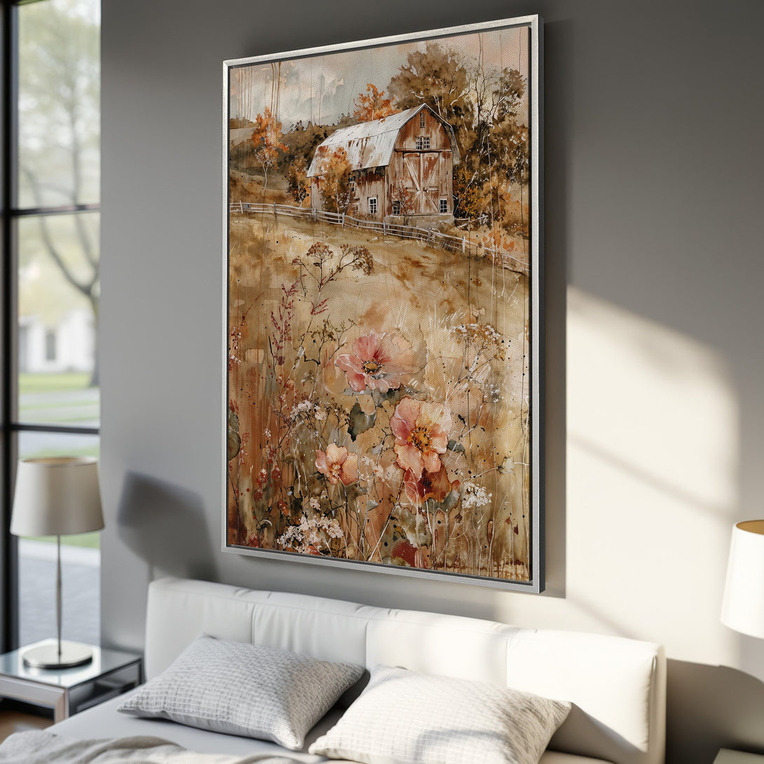Framed Wall Art of a rustic barn and wildflowers in a watercolor style. Warm, earthy tones of brown, beige, and orange. Perfect for farmhouse decor.
