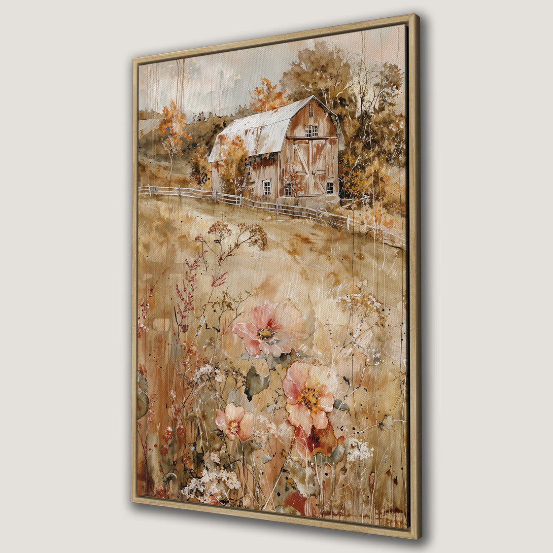 Framed Wall Art featuring a watercolor painting of a rustic barn in a field of flowers. Warm, earthy tones create a cozy, inviting aesthetic.