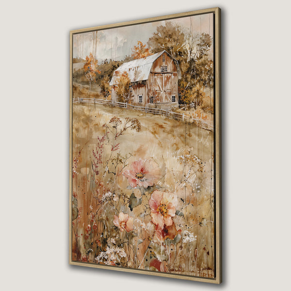 Framed Wall Art featuring a watercolor painting of a rustic barn in a field of flowers. Warm, earthy tones create a cozy, inviting aesthetic.