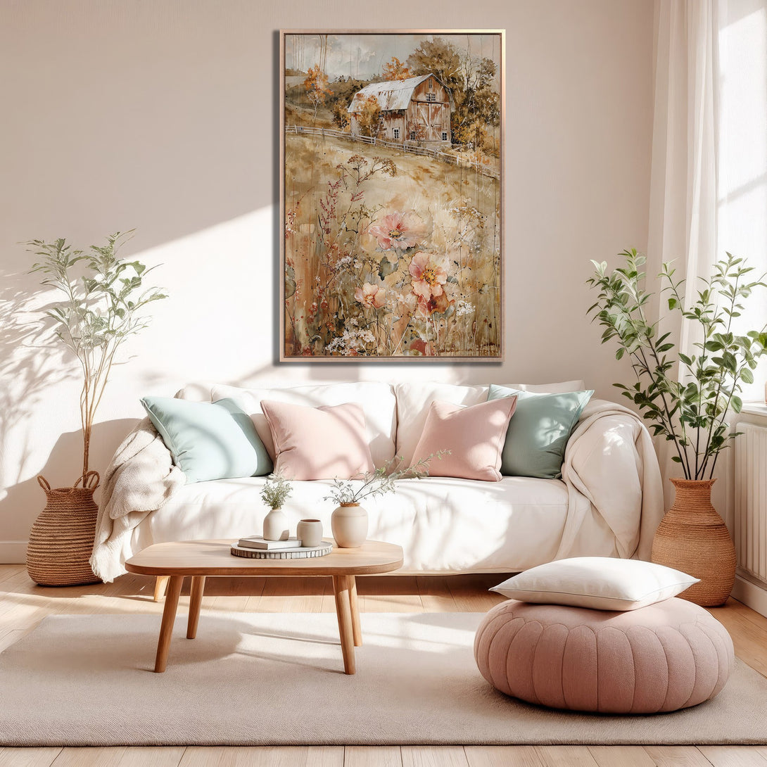 Framed Wall Art featuring a rustic barn scene in soft watercolor style. Warm, earthy tones with pops of pink and green, perfect for cozy decor.