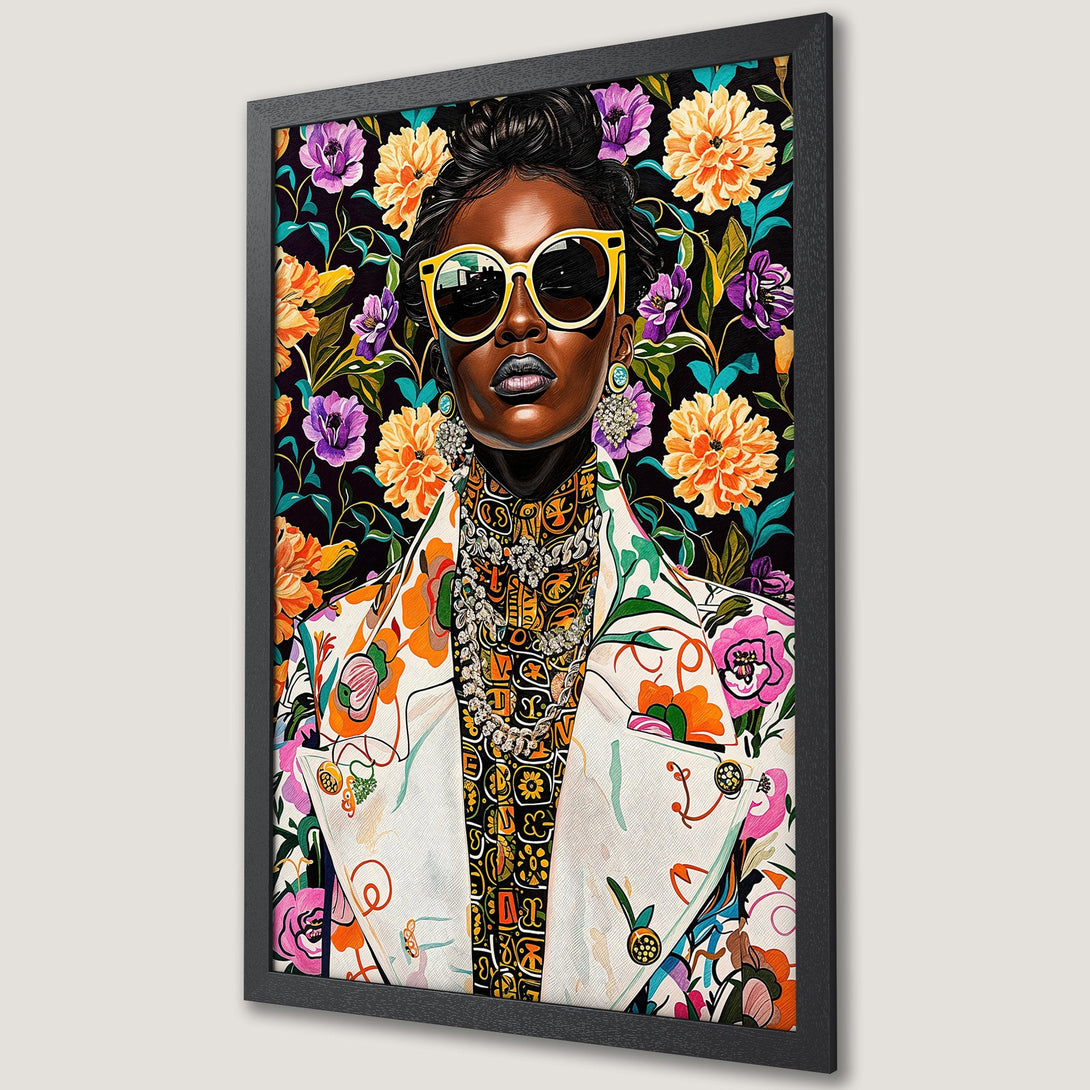 Framed Poster: Stylish woman with floral background, vibrant colors. Modern art print, perfect wall decor. Shop this beautiful Poster today!