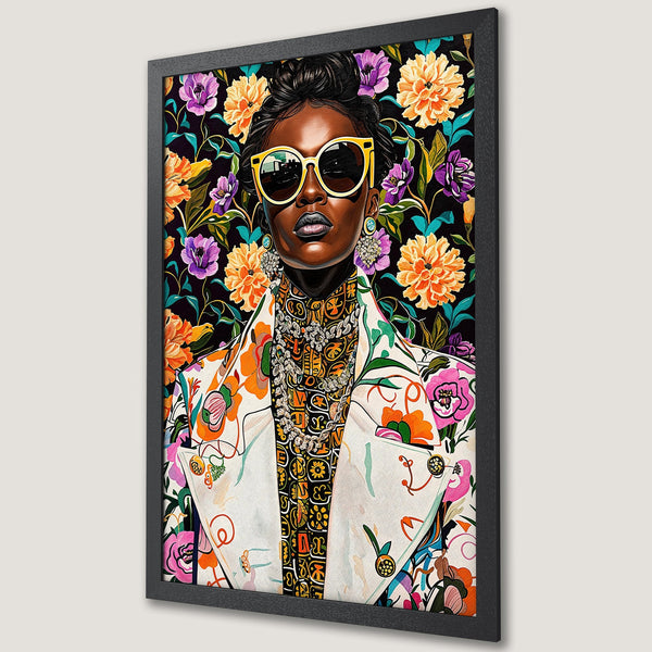 Framed Poster: Stylish woman with floral background, vibrant colors. Modern art print, perfect wall decor. Shop this beautiful Poster today!