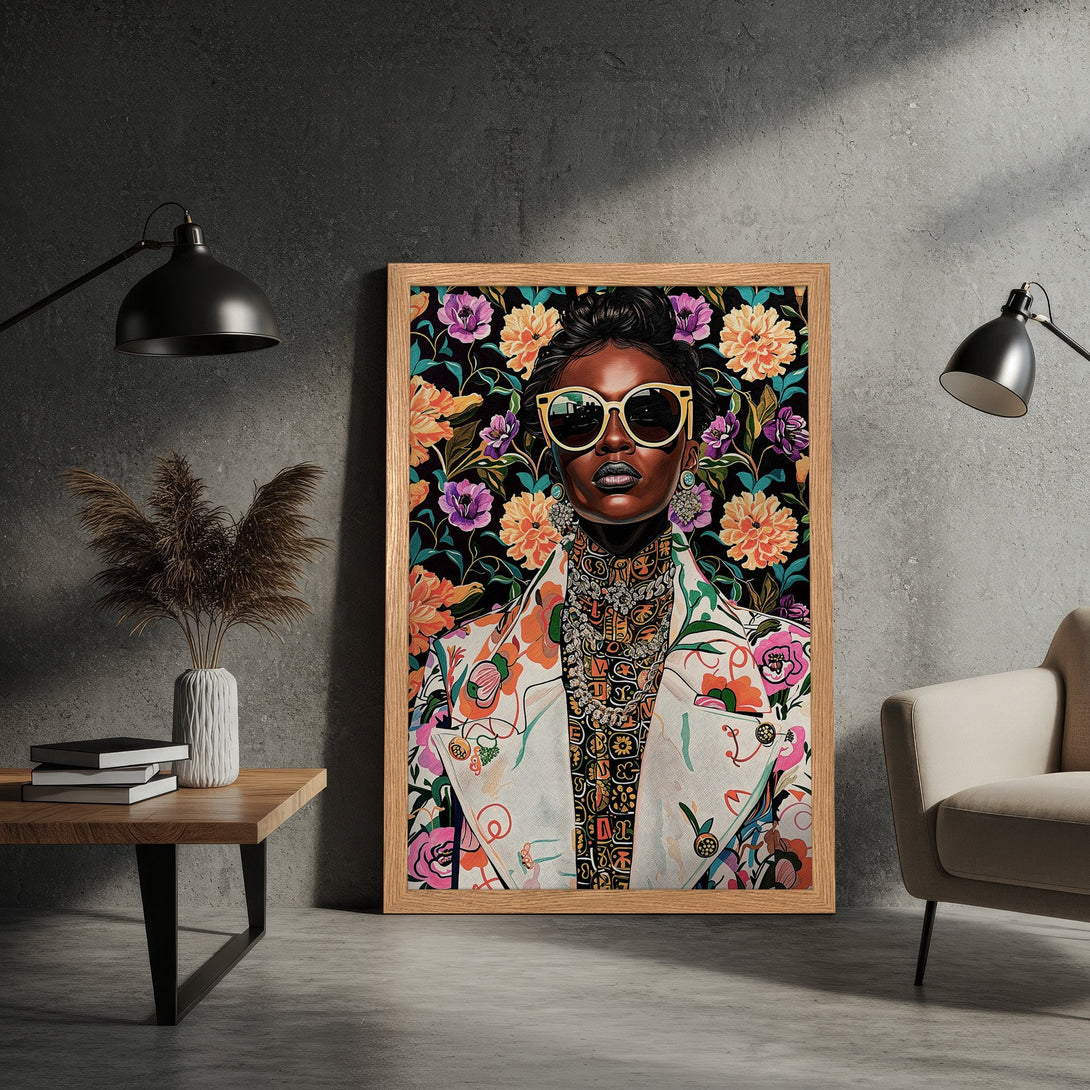Framed Poster featuring a stylish woman with floral background. Vibrant colors and bold art style. Perfect wall art for home decor.