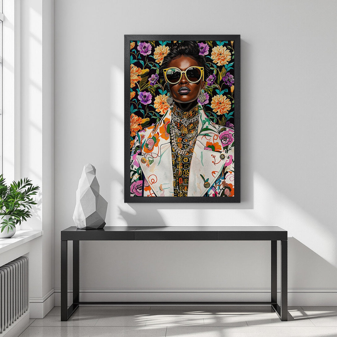 Framed Poster featuring a stylish woman with floral background, vibrant colors and bold style, perfect wall art.