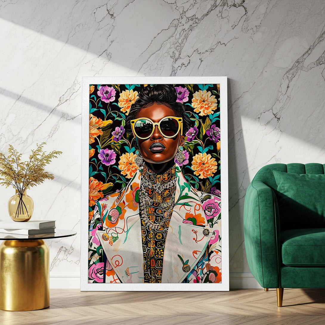 Framed Poster featuring a stylish woman with floral background. Bold, colorful art print in a modern style. Vibrant palette of orange, purple, and black.