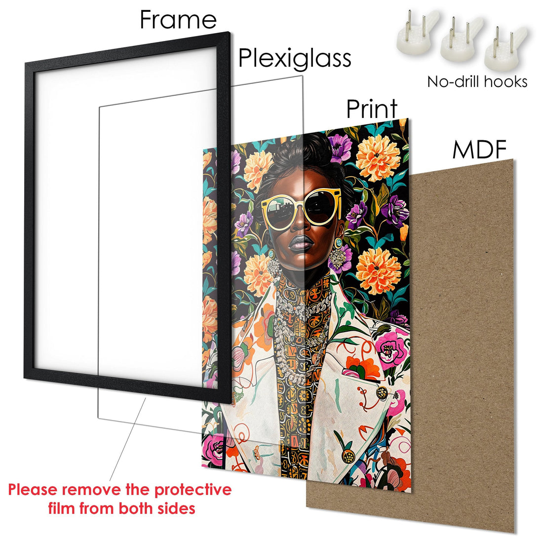 Framed Poster featuring a stylish woman with floral background, vibrant colors. Perfect wall art for a bold statement.