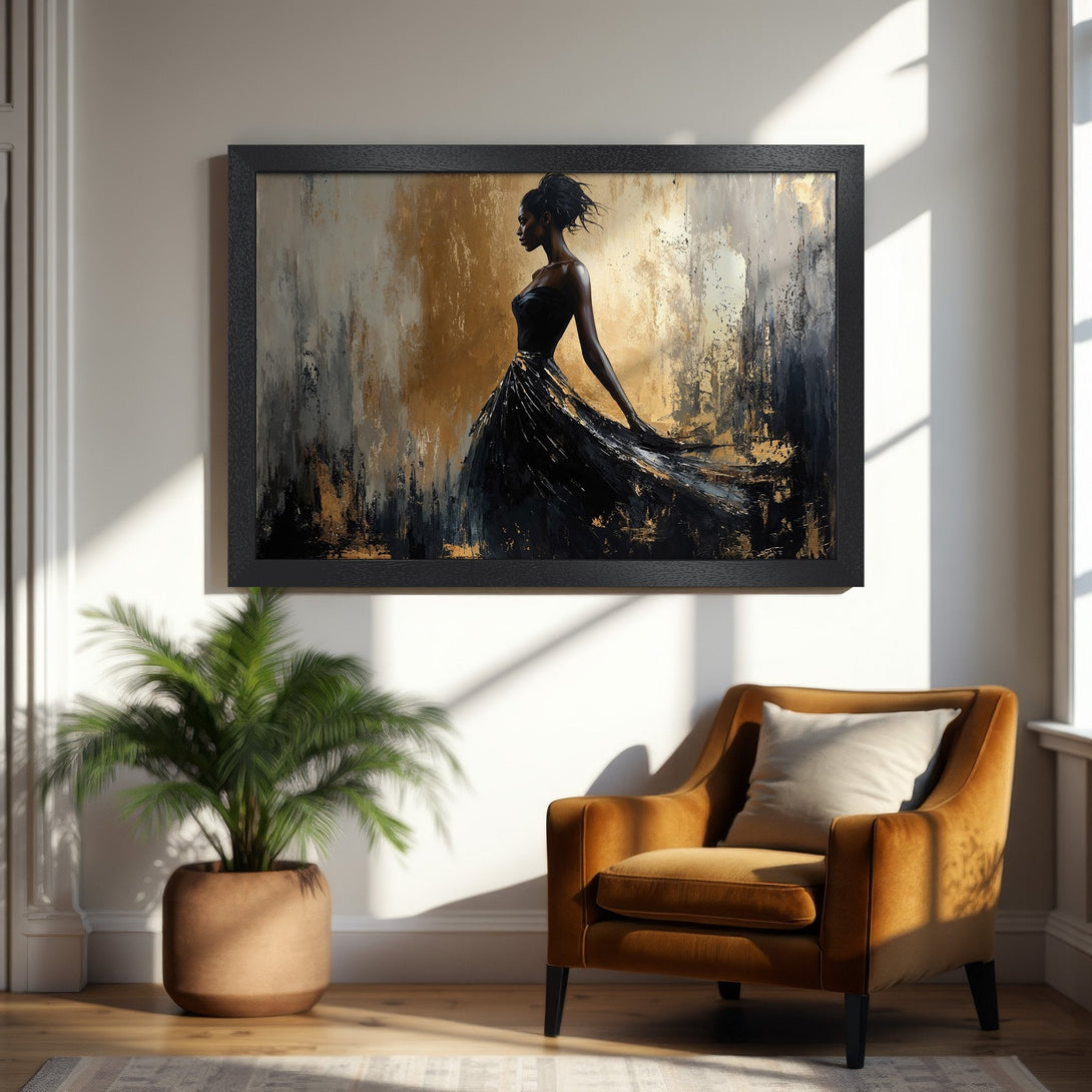 Framed Poster featuring a woman in a black dress, abstract style, gold & black color palette. Elevate your space with this stunning art.