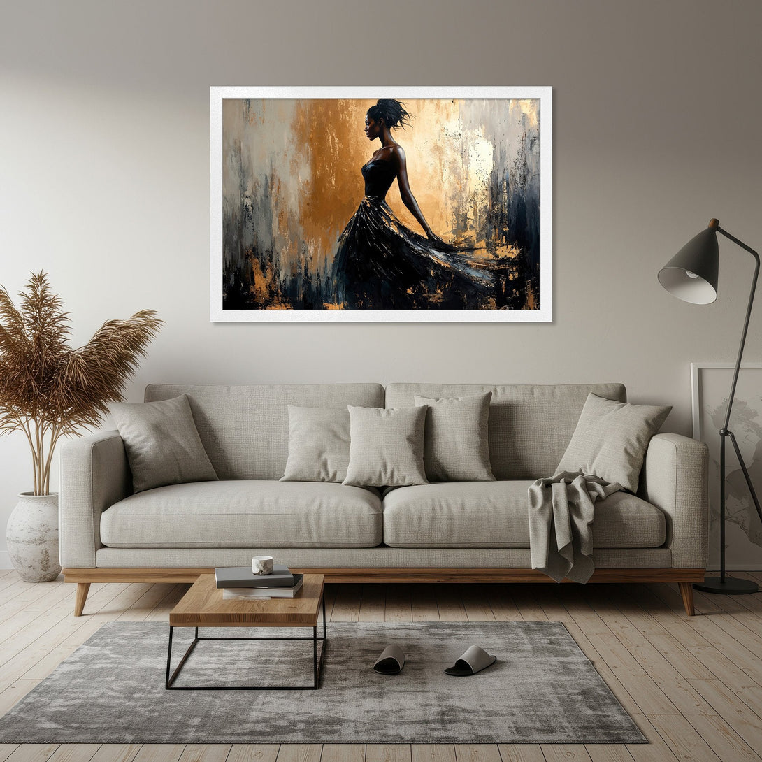 Framed Poster featuring an elegant woman in a black dress, abstract style, with a gold and black color palette. Perfect wall art!