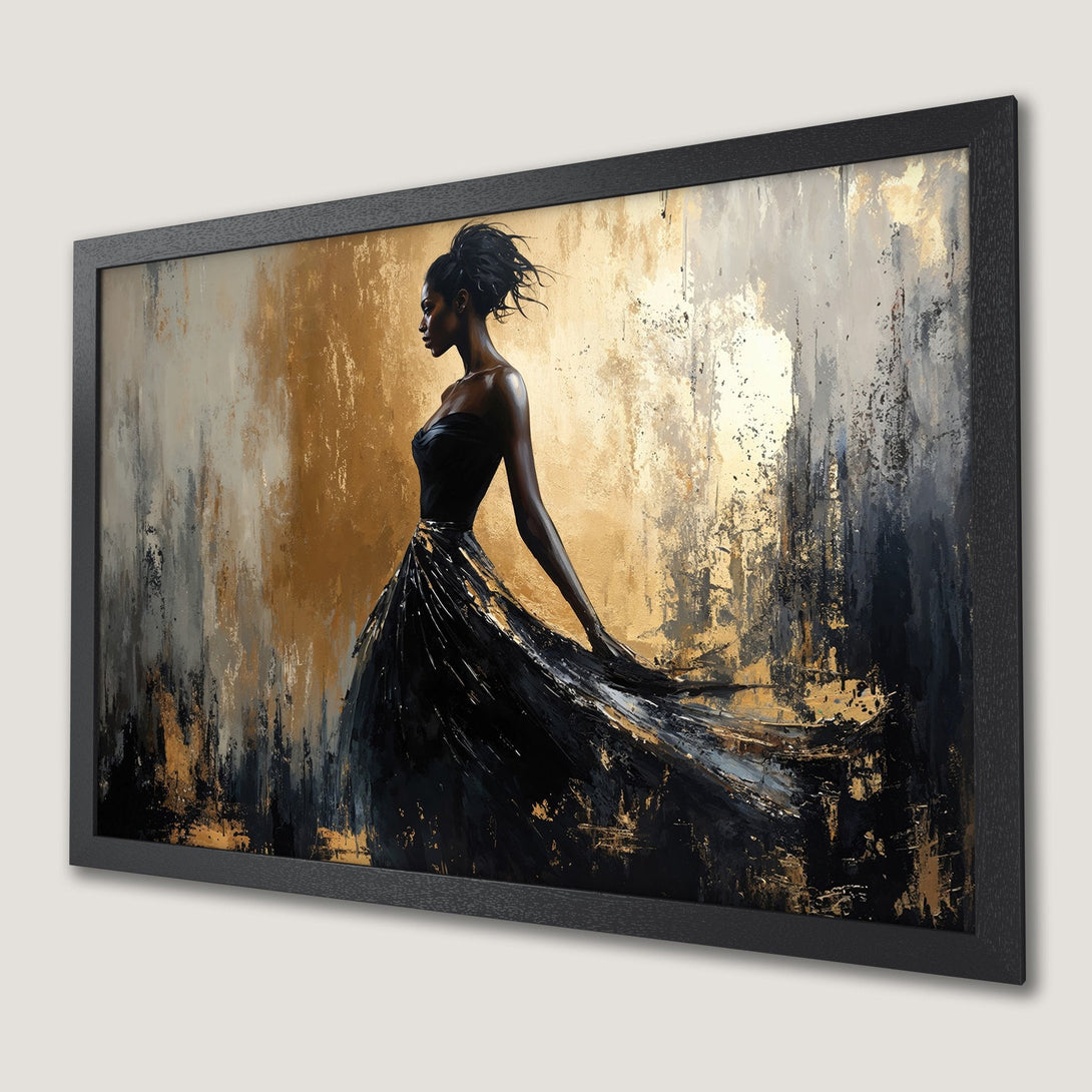 Framed Poster featuring a woman in a black dress, abstract art style with gold and black color palette. Perfect wall decor.