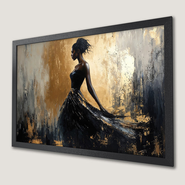 Framed Poster featuring a woman in a black dress, abstract art style with gold and black color palette. Perfect wall decor.