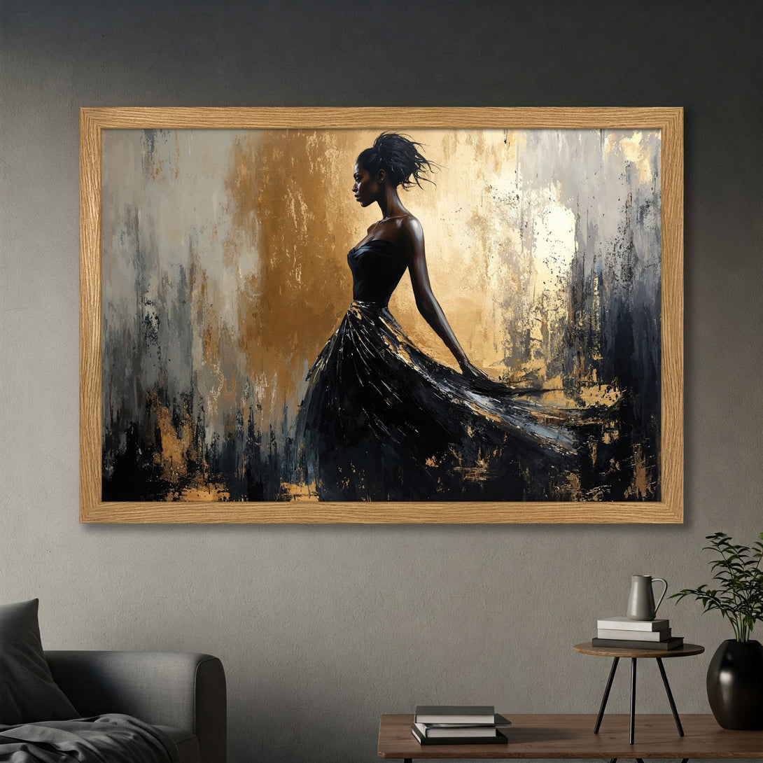Framed Poster featuring an elegant woman in a flowing black dress, abstract style, with a warm brown and black color palette.