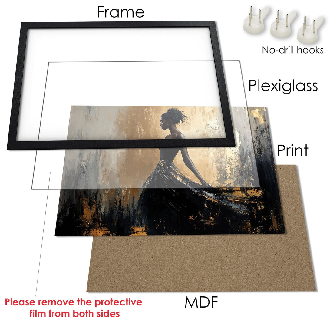 Framed Poster featuring an elegant woman in a flowing gown, painted in a modern style with a gold and black color palette. Ready to hang!