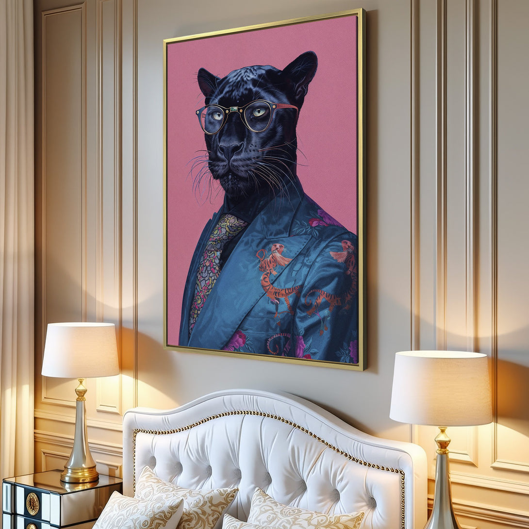 Canvas Print of a dapper black panther in a suit, with a pink background. Modern art with a cool blue, pink, and black color palette.