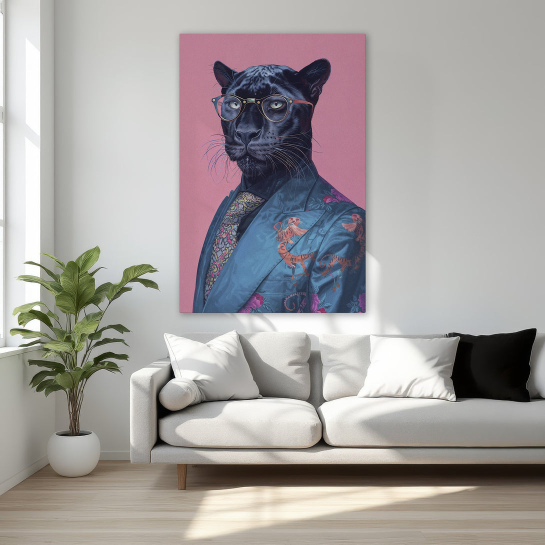 Framed Wall Art featuring a dapper panther in a suit. Bold pink and teal color palette, perfect for adding a touch of whimsy to your decor.