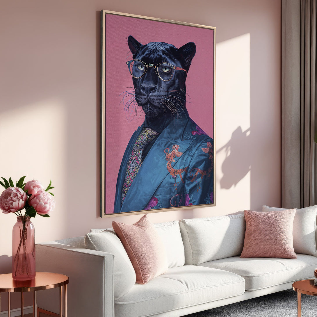 Framed Wall Art: Stylish panther portrait in a suit, displayed in a modern interior with a pink and teal color palette. Elevate your space with this unique art piece!