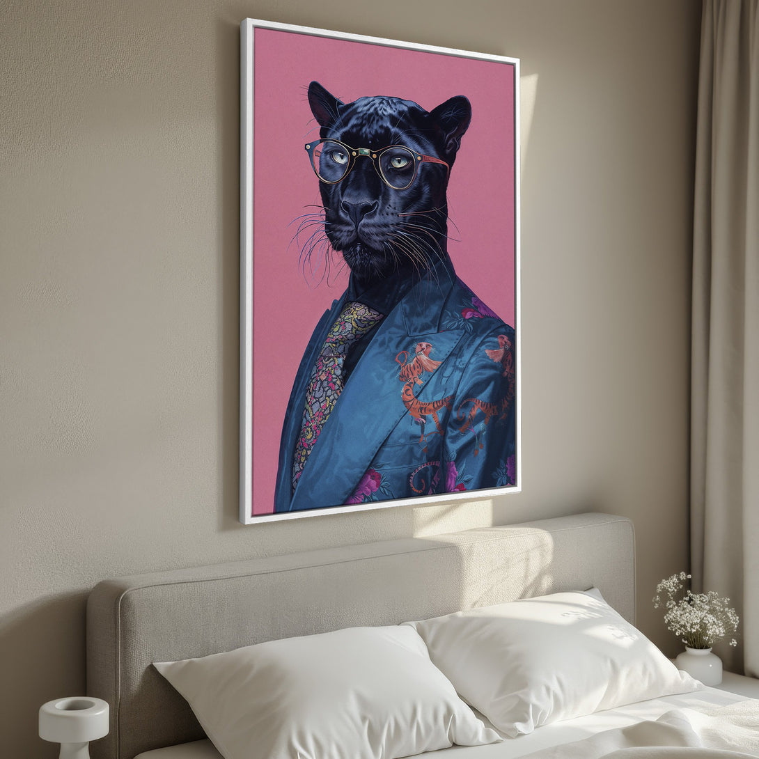 Framed Wall Art featuring a dapper black panther in a suit, vibrant blue and pink color palette, perfect for adding a touch of personality to any room.