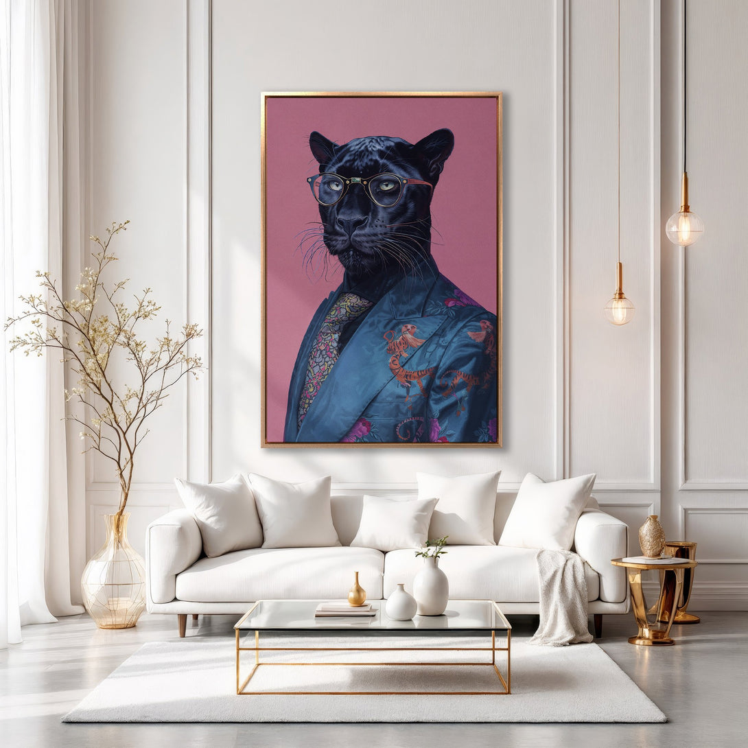Framed Wall Art: Stylish panther portrait in a modern interior. Features a black panther in a suit, vibrant blue & pink color palette. Perfect for home decor.