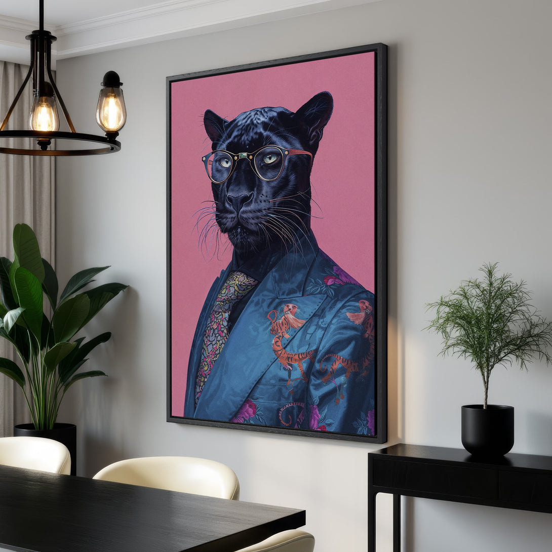 Framed Wall Art: Dapper panther portrait with glasses, wearing a blue floral suit. Modern art with pink background, perfect for adding a touch of personality.