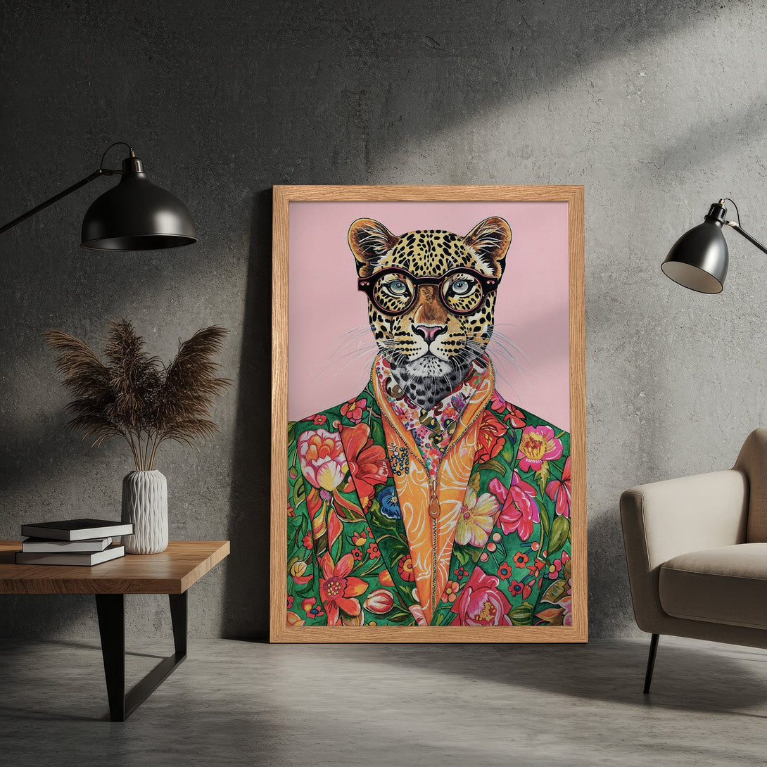Framed Poster featuring a stylish leopard in a floral suit, vibrant colors on a pink background. Perfect wall art!