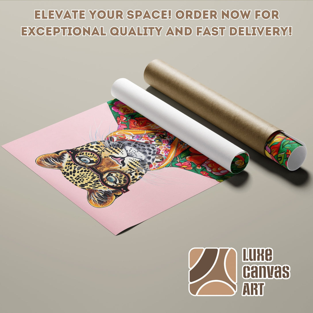 Leopard Poster Roll art print, colorful pop art style on pink background. Order yours today!