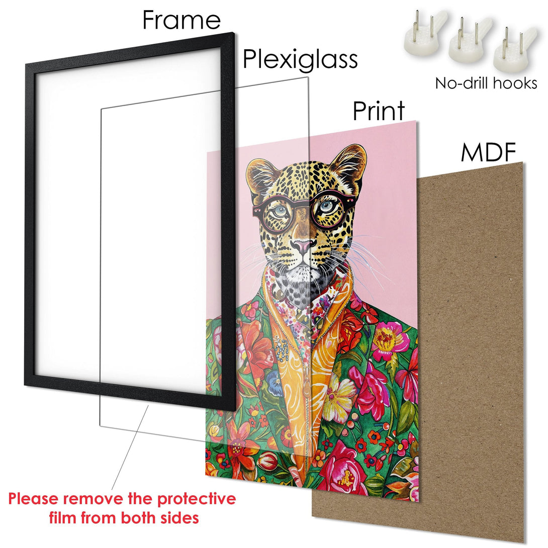 Framed Poster featuring a stylish leopard in vibrant colors. Modern art print with a pink, green, and floral color palette. Perfect wall decor.