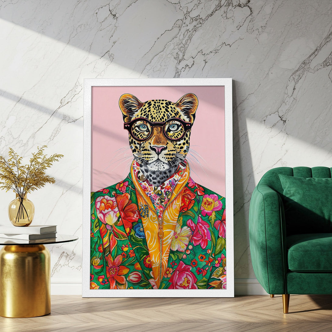 Framed Poster featuring a stylish leopard in colorful floral attire. Modern art with a vibrant green, pink, and yellow color palette. Perfect wall decor!