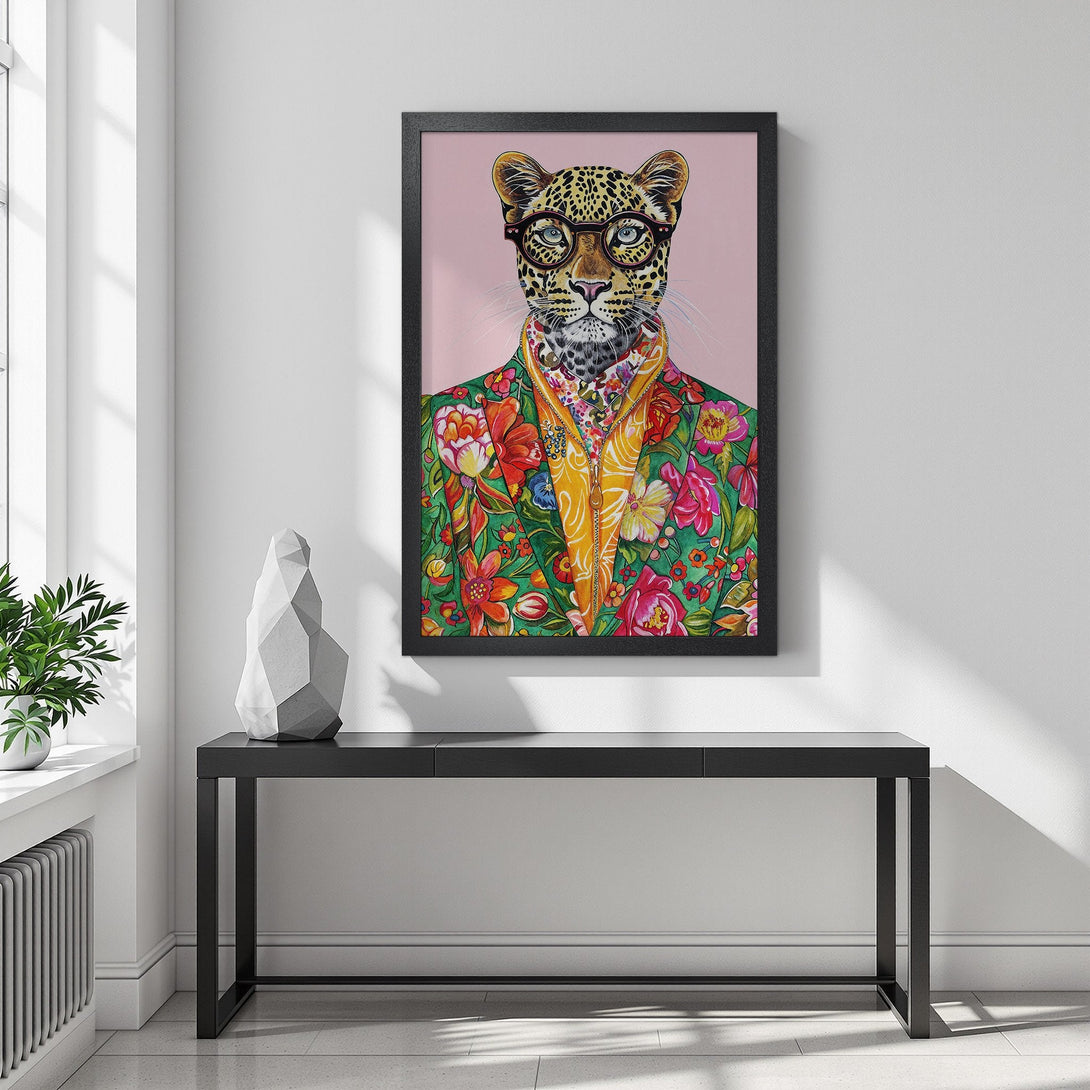 Framed Poster featuring a dapper leopard in a floral jacket. Colorful art print with pink, green, and yellow tones. Perfect wall decor!