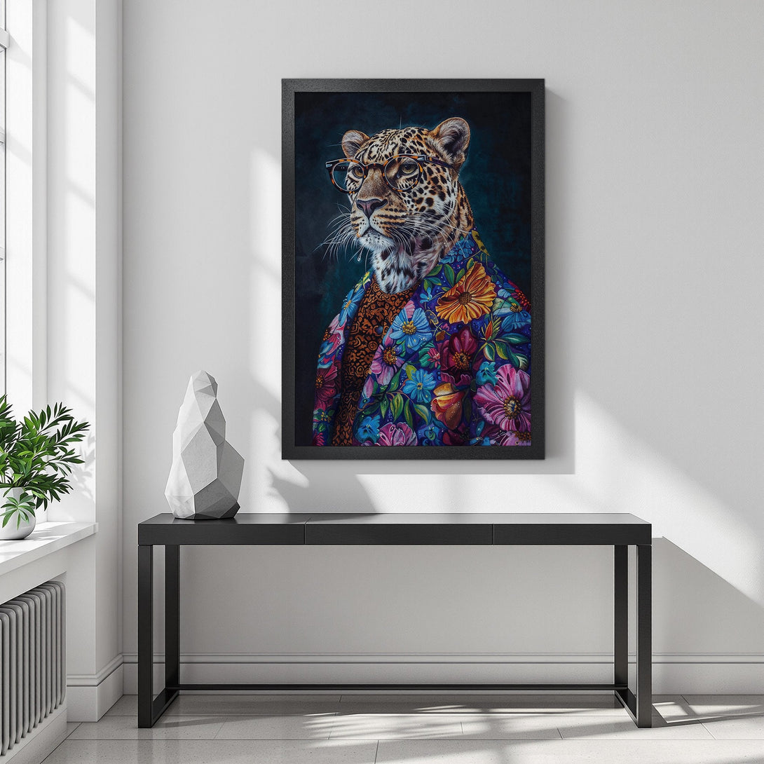Framed Poster featuring a stylish leopard in vibrant floral attire. A modern, eye-catching art print with a colorful palette.