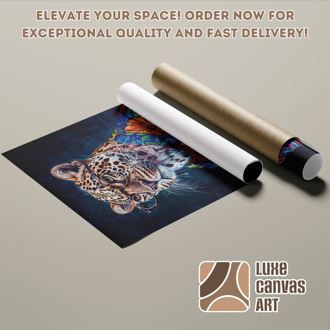 Leopard Poster Roll art print in blue & brown tones. Elevate your space with Luxe Canvas Art!