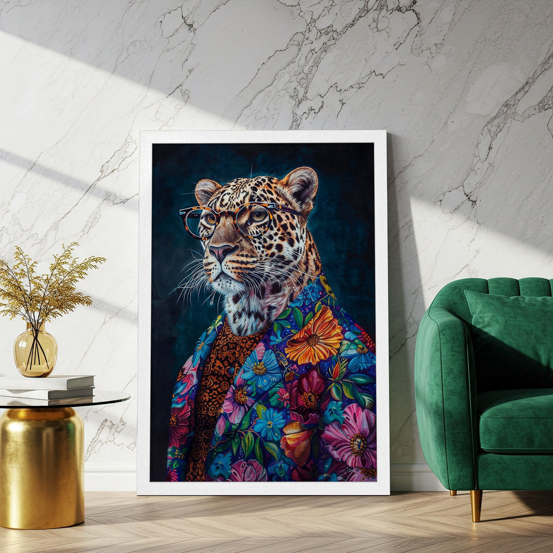 Framed Poster featuring a stylish leopard in colorful floral attire. Artistic style, vibrant blue, pink, and orange palette. Perfect wall art!