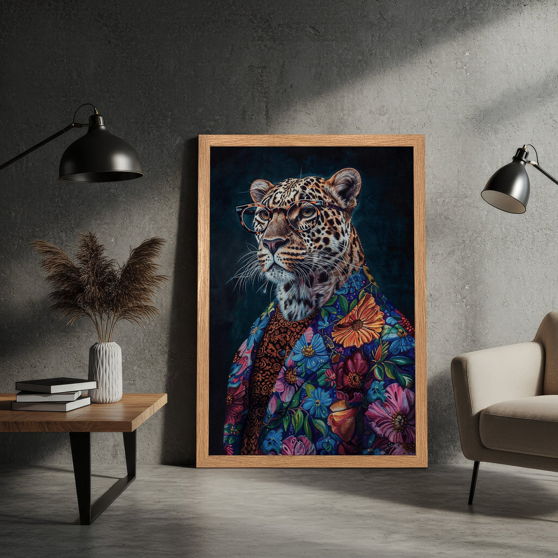 Framed Poster featuring a stylish leopard in glasses and floral jacket. Vibrant colors against a dark background. Perfect wall art!
