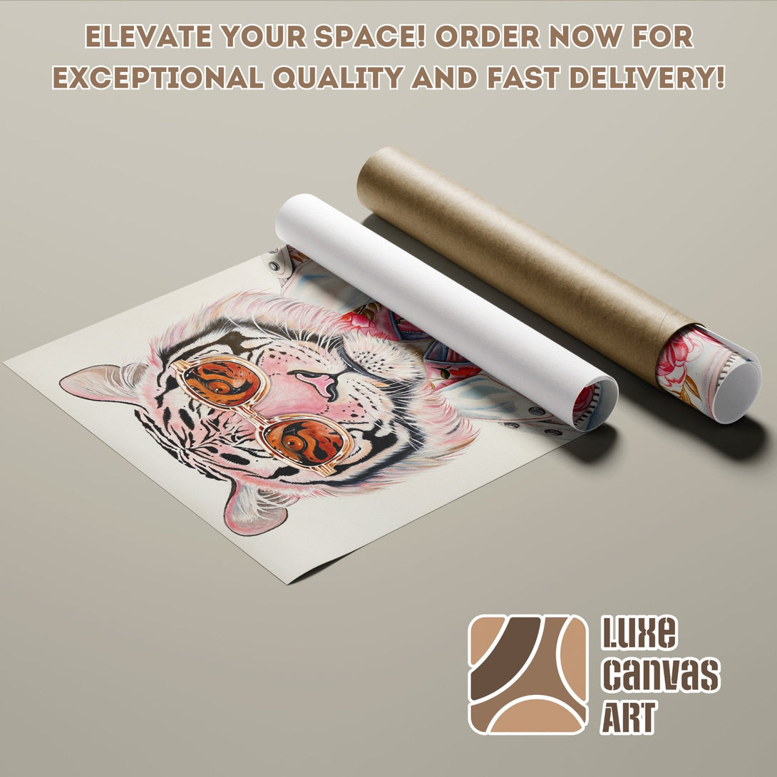 Tiger Poster Roll art print in watercolor style, featuring a pink and brown color palette.